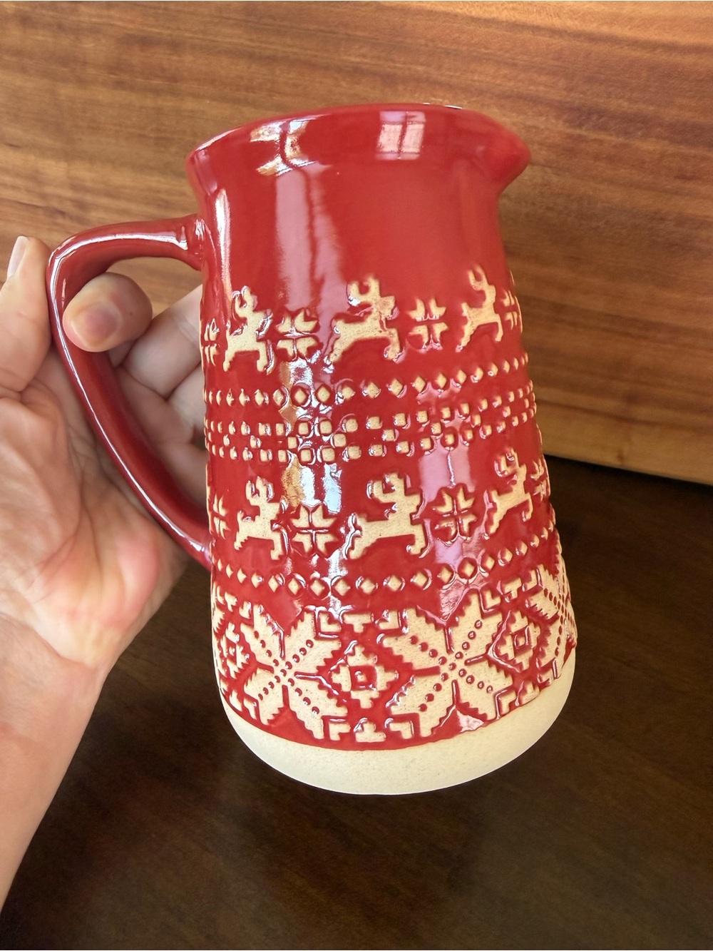 Red Reindeer Snowflake Ceramic Pitcher Christmas Fair Isle Holiday Decor